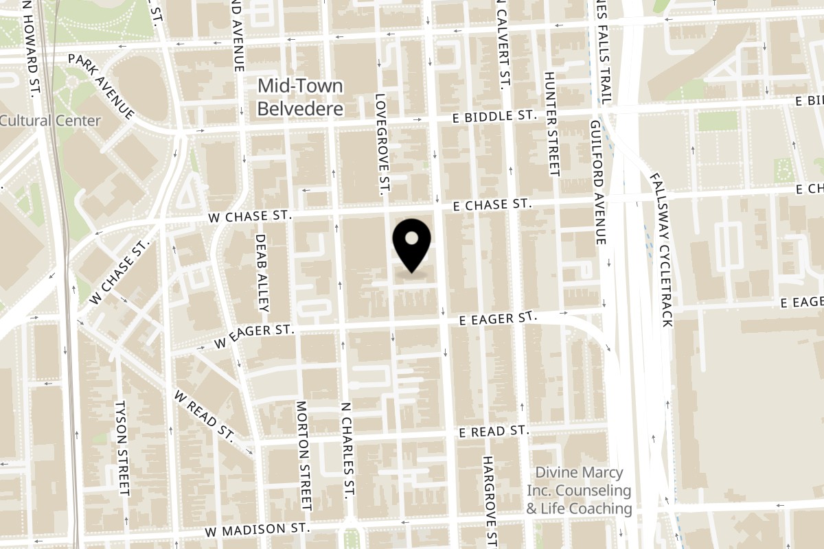 Map showing the location of Posi's Kitchen on 1010 St Paul St in Baltimore